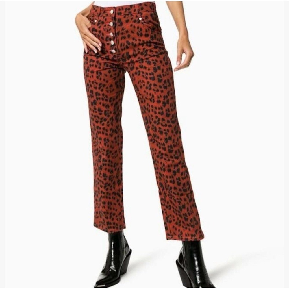 Miaou X Revolve Red Leopard Junior Pant Jeans Sz 26 Button Fly Crop‎ Flare $295
